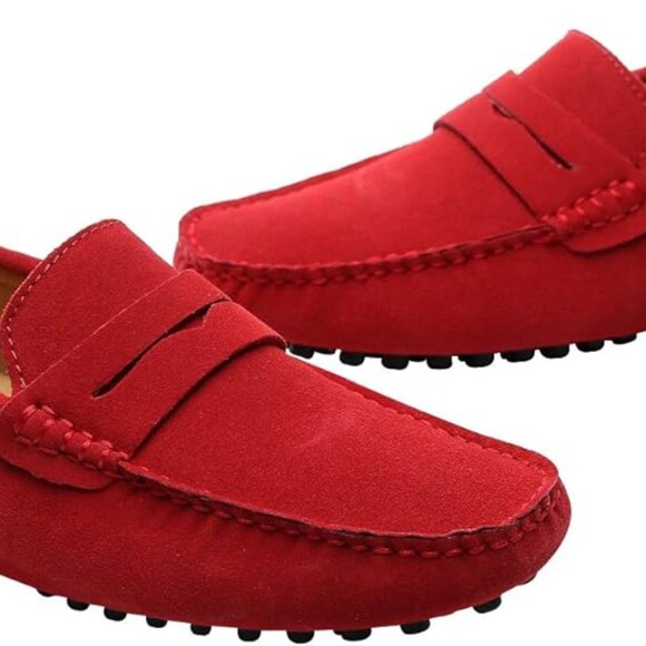 Santimon Mens US 7, 8.5, 9.5 Red Moc Toe Suede Penny Loafers Casual Shoes  Pleas - Picture 1 of 11